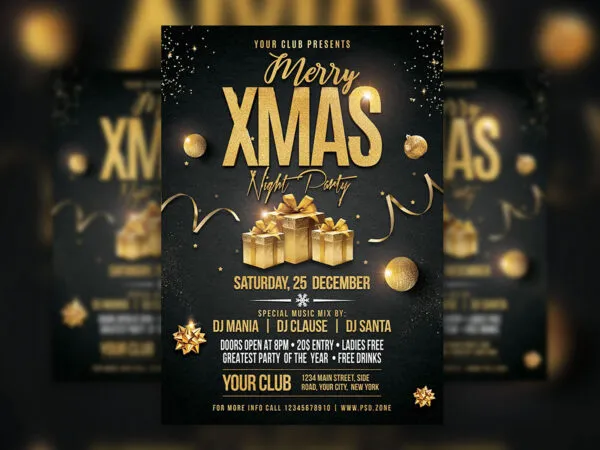 Luxurious Black and Gold Christmas Night Party Flyer Template 1