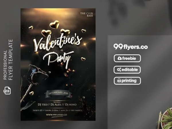 Luxury Black and Gold Valentines Celebration Party Flyer Template 1