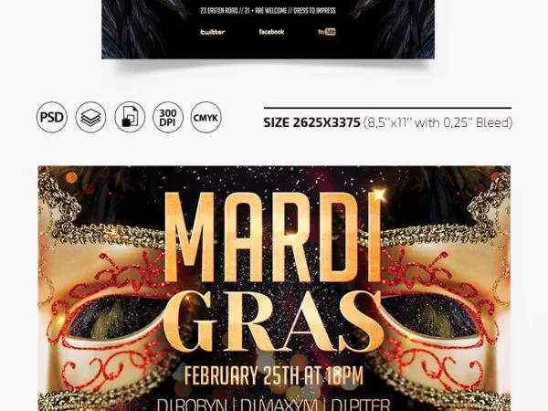 Luxury Glittery Mardi Gras Flyer and Facebook Cover Templates 1