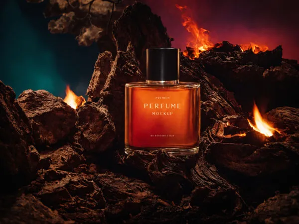 Luxury Perfume Mockup on Fiery Rocks 1