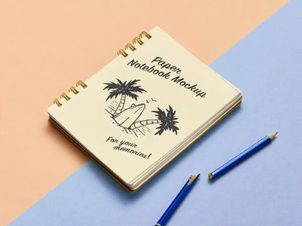 Lying Paper Notebook Mockup in Perspective Showcase 1