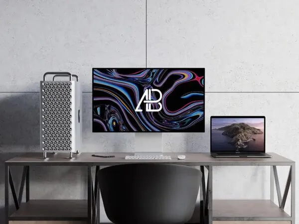 Mac Pro And MacBook Pro Mockup on a Table 1