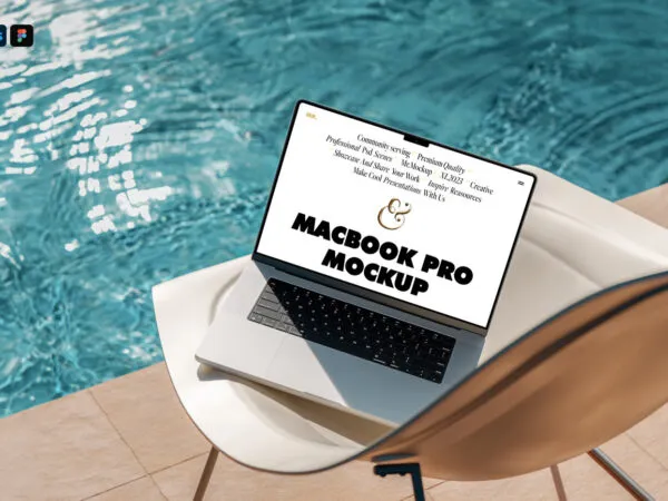 MacBook Pro Mockup at the Pool in Perspective Vision 1