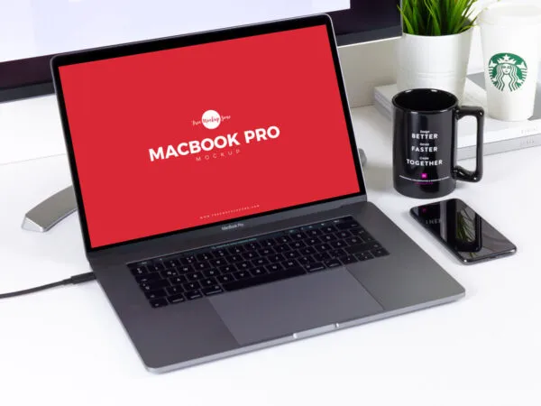 MacBook Pro with Cellphone Mockup in Workplace 1