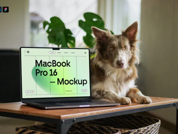 Macbook Pro Mockup with Doggy in Perspective View 1