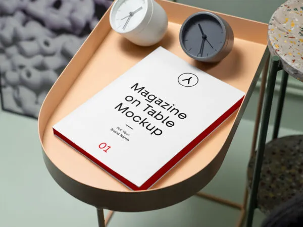 Magazine on Small Table with Internal View Background Mockup 1