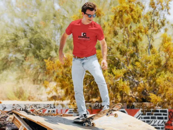 Man Model Skateboarding in Outdoor Environment Wearing T Shirt Mockup 1
