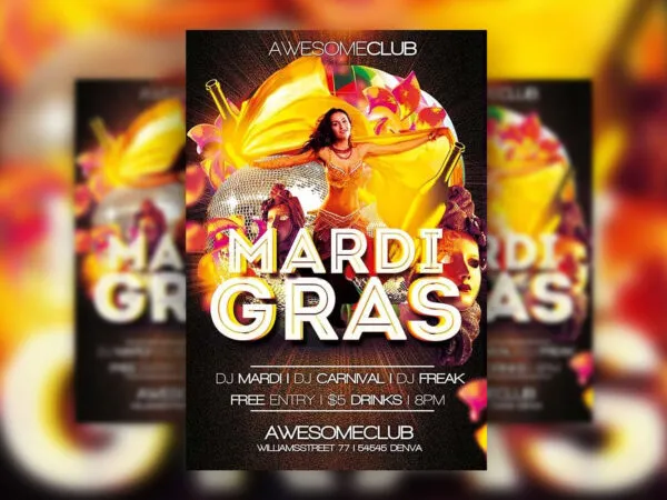 Mardi Gras Event Flyer Template with Colorful Background 1