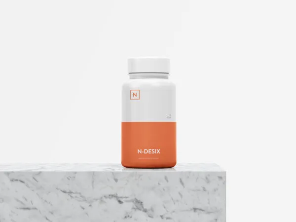 MedicalSupplement Bottle Standing on Marble Stone Mockup 1