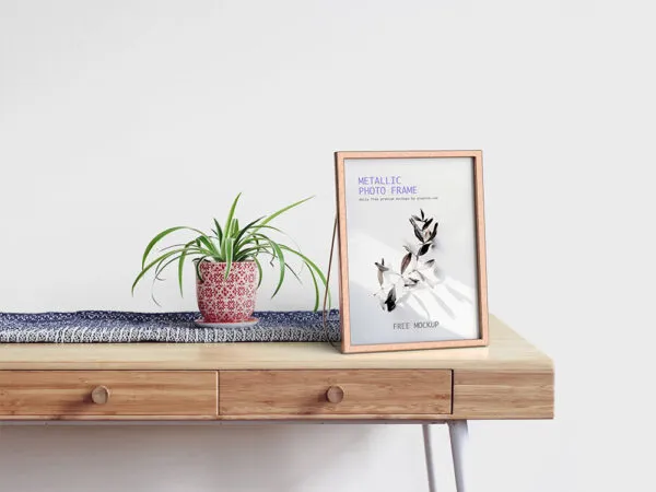 Metallic Photo Frame Mockup on Wooden Table 1