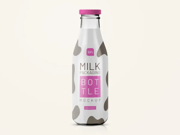 Milk Bottle in Shrink Sleeve Standing in Front View Mockup 1