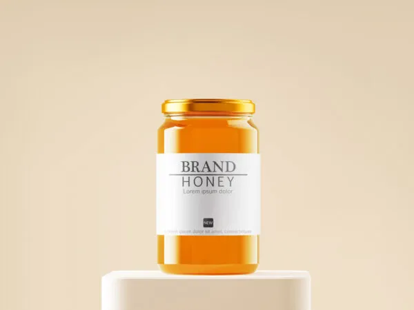 Minimal Front View Honey Jar on Stand Mockup 1