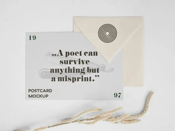 Minimal Horizontal Postcard and Envelope Top View Mockup 1