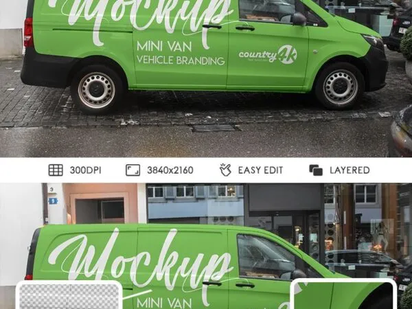 Minivan in City Streets in the Side View Mockup 1