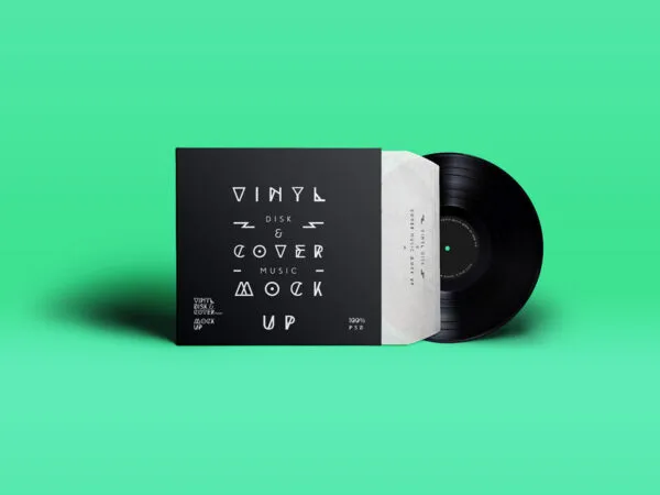 Mockup Displaying Black Vinyl Record Cover with White Signs 1