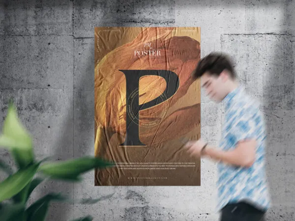 Mockup Displaying Glued Paper on Concrete Wall with Blurry Guy and Plant 1
