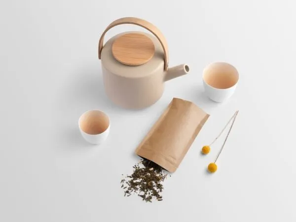 Mockup Displaying Opened Tea Bag Pot and Cups 1