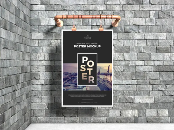 Mockup Displaying Poster Hanged Over Stone Brick Wall in Indoor Setting 1