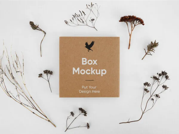 Mockup Displaying Small Box Top View Decorated with Dried Flowers 1