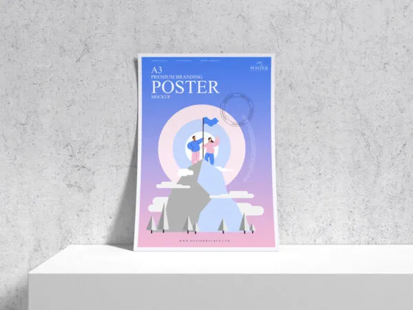 Mockup Featuring A3 Poster on a Shelf Laid Against Wall 1
