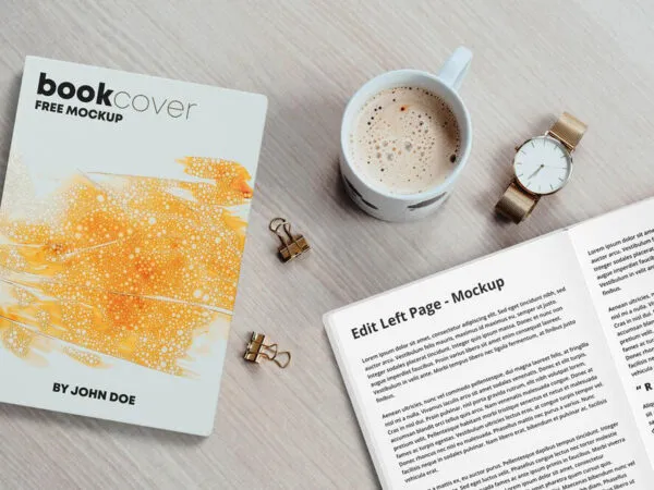 Mockup Featuring Book Cover Pages Watch and Coffee 1