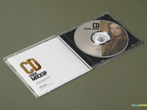 Mockup Featuring Closed and Opened CD Case Containing a CD 1