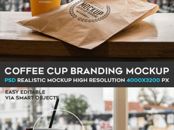 Mockup Featuring Coffee Cup and Paper Bag on Wooden Table 1