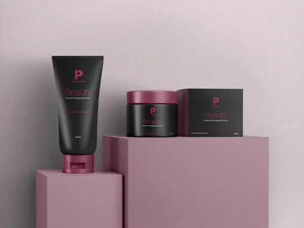 Mockup Featuring Cosmetic Tube Jar and Box Packaging on Stand 1