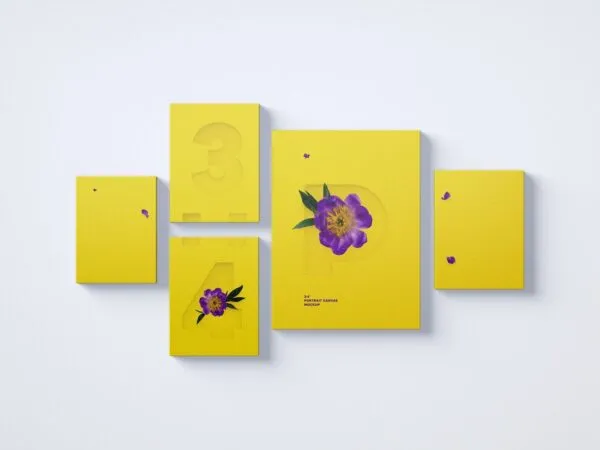 Mockup Featuring Five Arrayed 34 Portrait Canvases Hanging on Wall 1