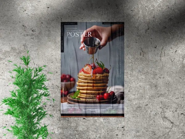 Mockup Featuring Paper Poster Glued on Cement Wall Decorated with Plant and Overlaid Shadow 1