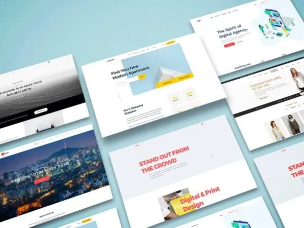 Mockup Featuring Perspective View of Grids of Web Screens 1