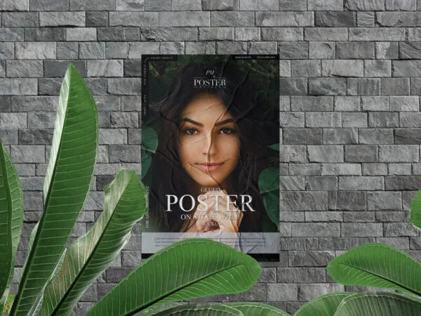 Mockup Featuring Poster Glued on Stone Wall Decorated with Plants 1