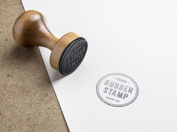 Mockup Featuring Rubber Stamp and Marked Paper on Wooden Texture 1