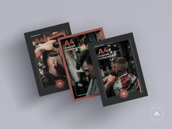 Mockup Featuring Three A4 Flyers Floating Diagonally in Top View 1