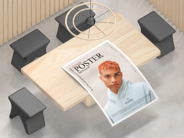 Mockup Featuring Top View of Floating Poster on Table in Interior Secene 1