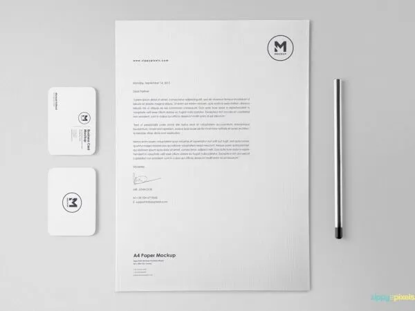 Mockup Featuring Two Business Cards and A4 Letterhead Stationery Scene 1