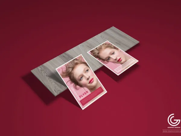 Mockup Featuring Two Flyers and a Slab of Wood at the 34 Angle View 1