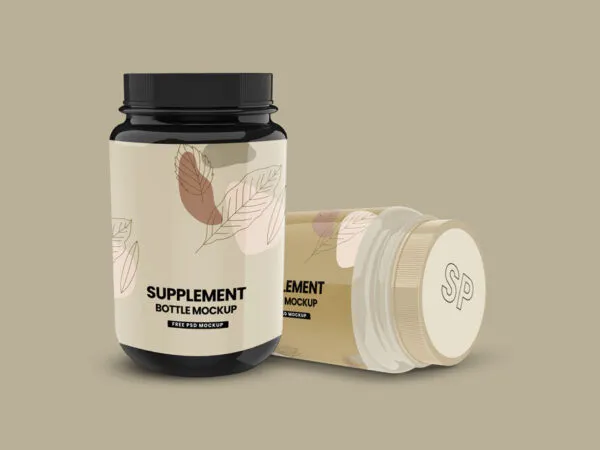 Mockup Featuring Two Glossy Supplement Bottles in Shrink Sleeves 1
