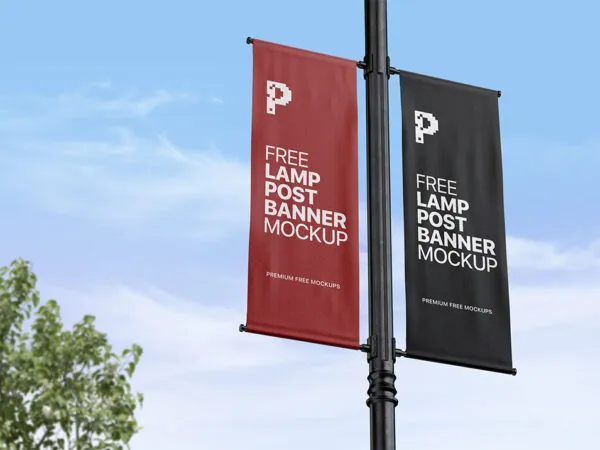 Mockup Featuring Two Lamp Post Banners with Sky View Background 1