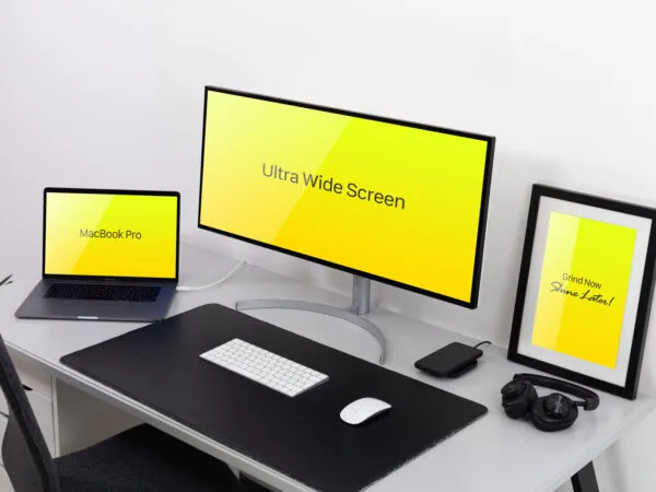 Mockup Featuring Ultra Wide Screen Monitor MacBook Pro and Frame 1
