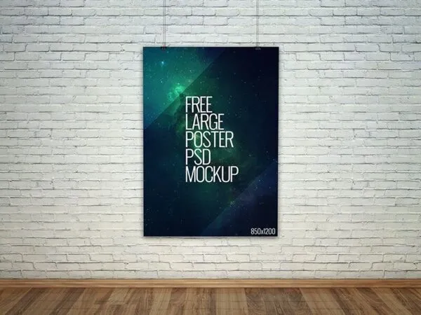 Mockup Featuring a Large Poster on a White Brick Wall 1