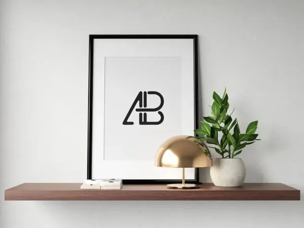 Mockup Featuring a Modernistic Poster on a Wooden Shelf 1