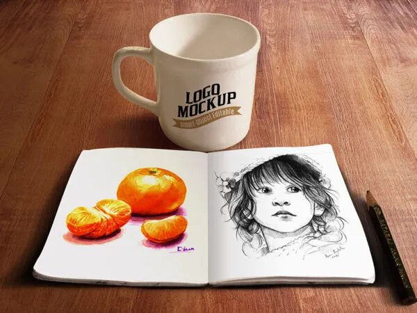 Mockup Featuring a Simple Mug and a Sketchbook 1