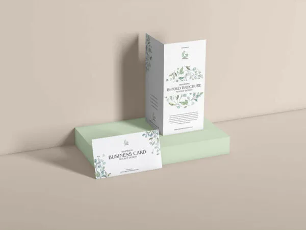 Mockup Showcasing Bi Fold Brochure with Business Card Design 1