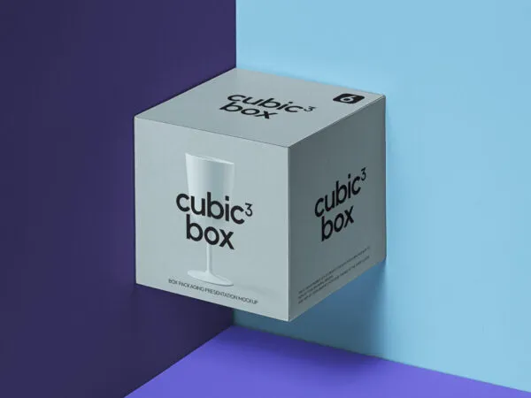 Mockup Showcasing Cubic Box Packaging Floating at the Corner of Wall 1