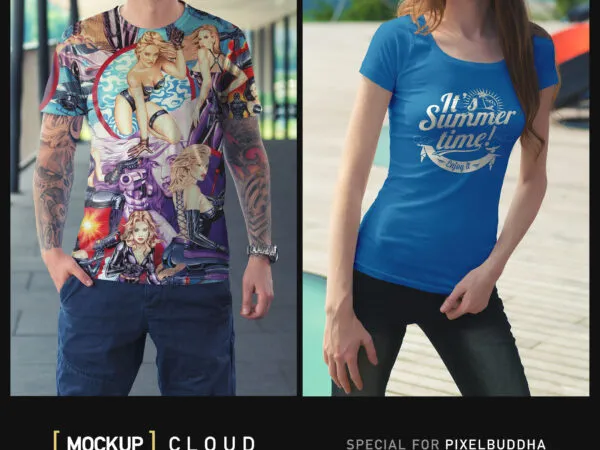 Mockup Showcasing Man and Woman Models Wearing T Shirts on Street Environment 1