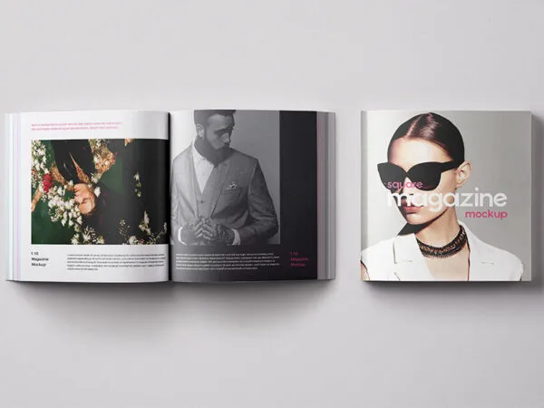 Mockup Showcasing Overhead View of Cover and Inner Pages of Square Magazine 1