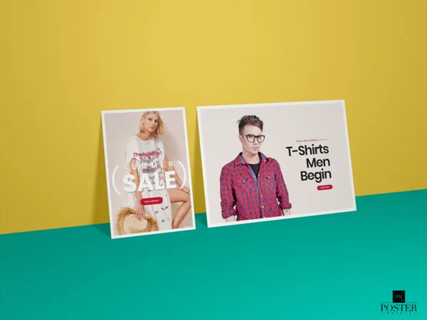 Mockup Showcasing Portrait and Landscape Posters Against Wall 1