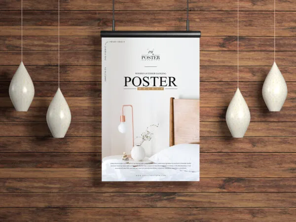 Mockup Showcasing Poster Hanged over a Wooden Wall 1