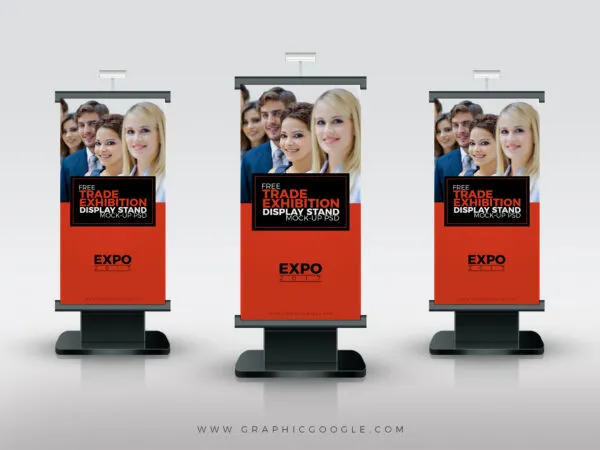 Mockup Showcasing Three Vertical Trade Exhibition Display Stand 1